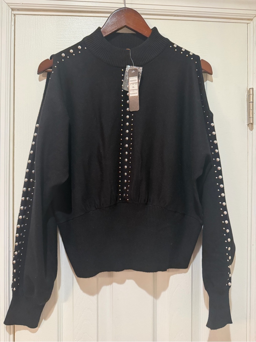 Belldini Black Studded Cold-Shoulder Sweater